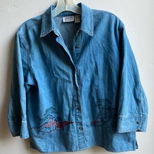 Chico’s top, denim, embroidered on bottom, 1